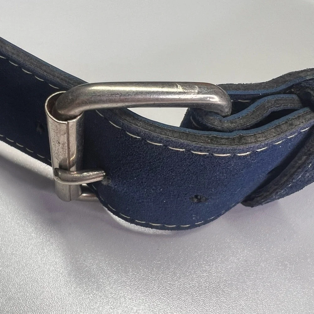 Simulated Suede Belt Blue With silver buckle and white stitching Vintage